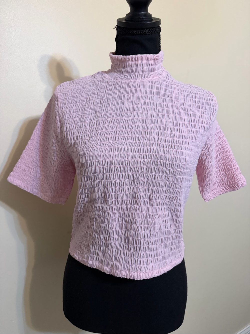 Express Pink Smocked Mock-Neck Crop Top